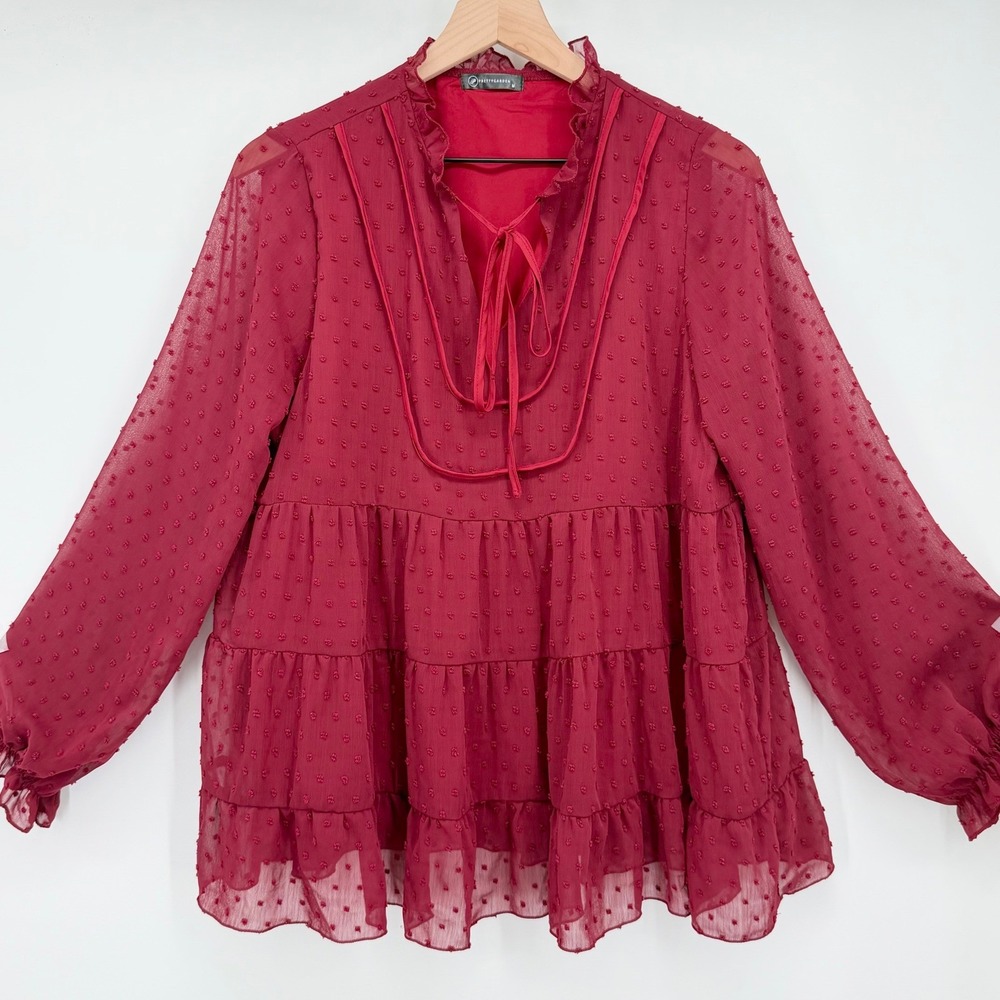 Burgundy Swiss Dot Holiday Blouse M Romantic Tiered Ruffle Boho Whimsy Fall Top